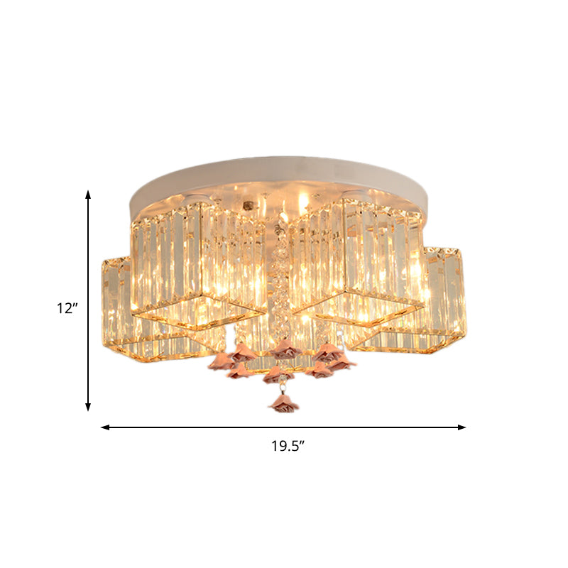 Modern Cubic Flush Mount Crystal Ceiling Light With Pink Rose Draping - 19.5’/23.5’ Dia 5/6