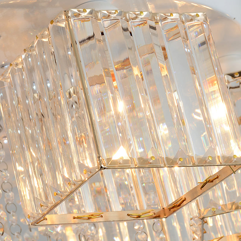 Modern Cubic Flush Mount Crystal Ceiling Light With Pink Rose Draping - 19.5’/23.5’ Dia 5/6