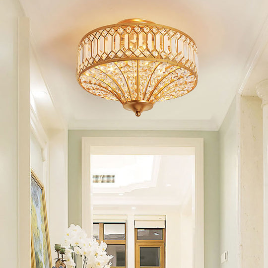 Chinese Style 5-Light Bedroom Ceiling Lamp In Flared Crystal Flush Mount Design - Gold Finish

This