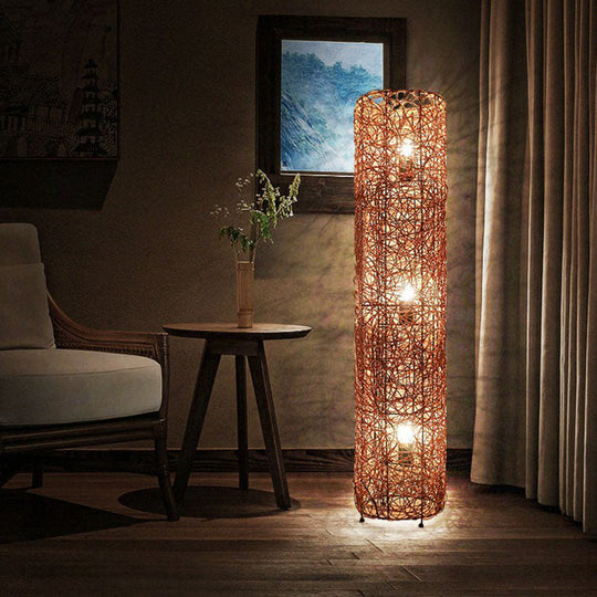 Handcrafted Asian Style Rattan Tea Room Floor Lamp With 3 Shade Heads