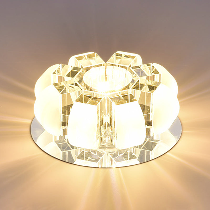 Contemporary Crystal Led Flush Mount Ceiling Light - Clear Floral Design For Entryway Textured White