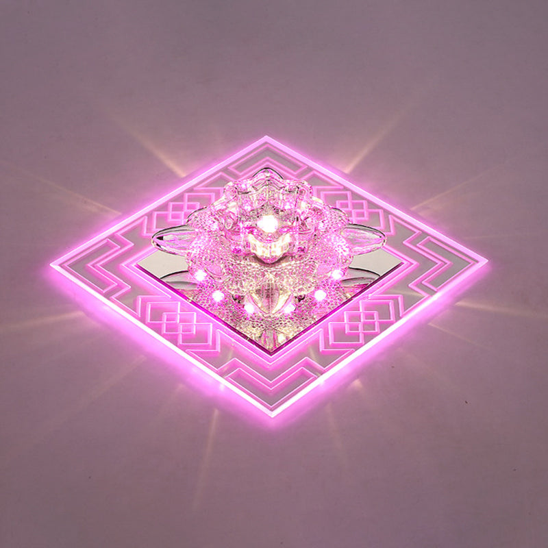 Modern Clear Floral Crystal Led Flush Mount Ceiling Light For Passage / Pink