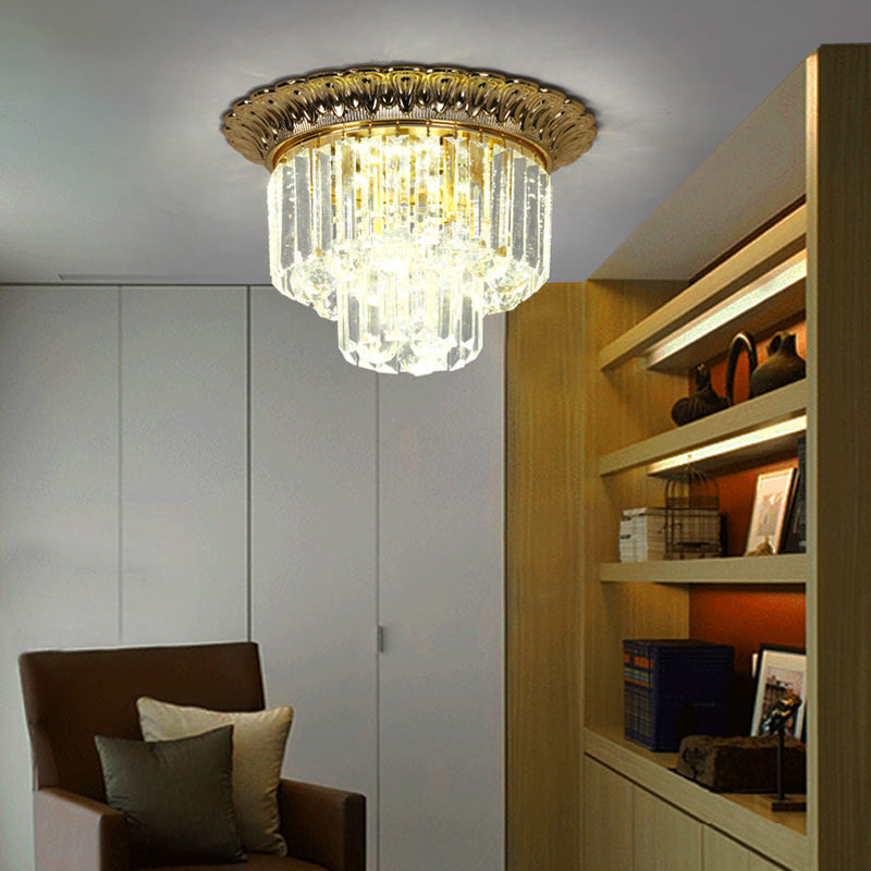 2-Tier Minimalist Crystal Flush Light With Led Golden Indoor Ceiling Lighting 14/16 Diameter Gold /