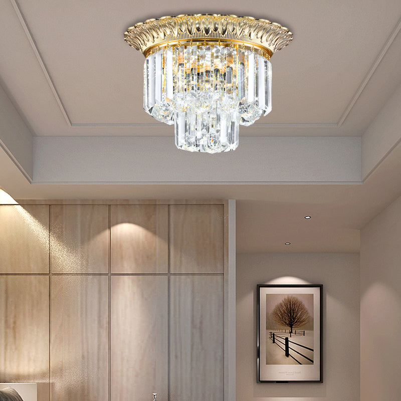 2-Tier Minimalist Crystal Flush Light With Led Golden Indoor Ceiling Lighting 14’/16’ Diameter