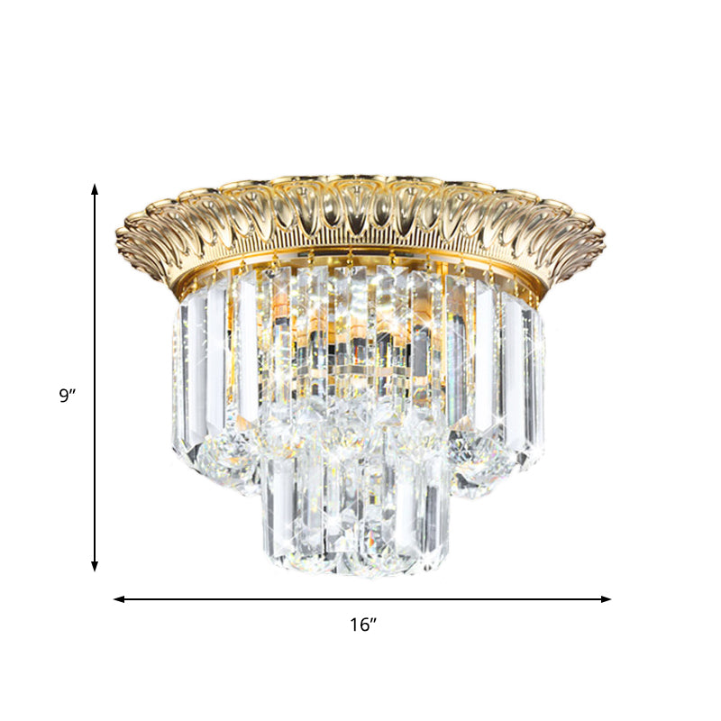 2-Tier Minimalist Crystal Flush Light With Led Golden Indoor Ceiling Lighting 14’/16’ Diameter