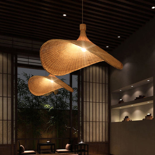 Asian Style Bamboo Ceiling Light: Hat Shape Wood Hanging Fixture For Restaurants