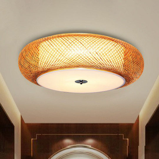 Bamboo Single Curved Drum Flush Mount Ceiling Light - Asia - Inspired Wood Design For Living Room