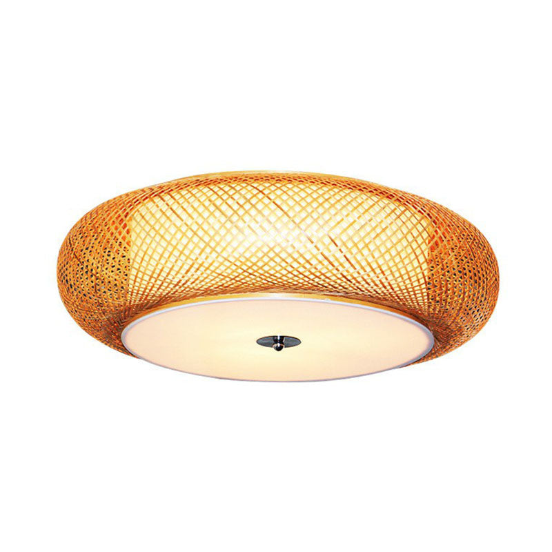 Bamboo Single Curved Drum Flush Mount Ceiling Light - Asia - Inspired Wood Design For Living Room