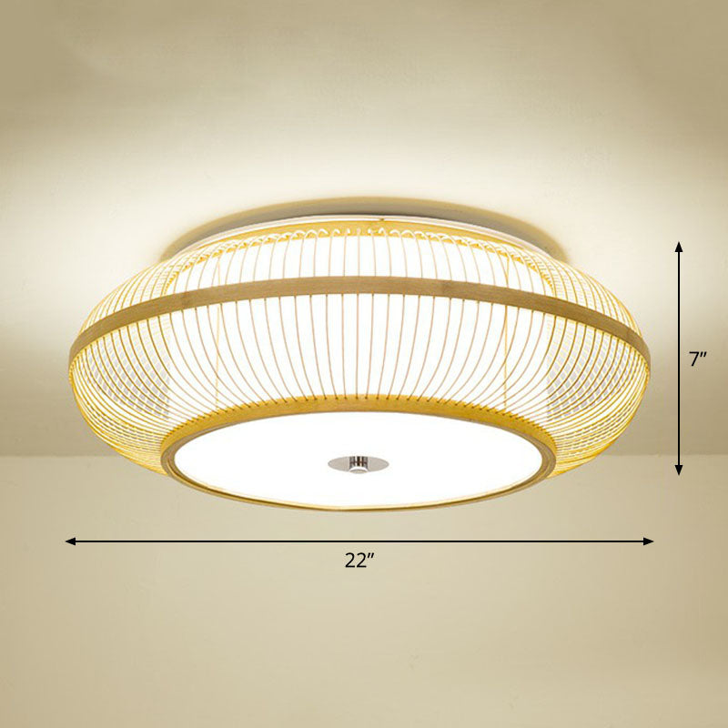 Simplicity Wood Flush Mount Bedroom Lighting - Bamboo 1-Light Lantern Ceiling Light / 22