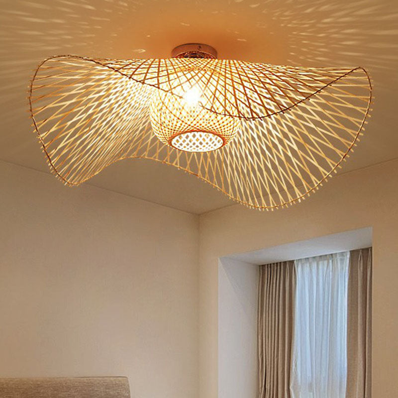 Bamboo Single Wood Flushmount Ceiling Light - South - East Asian Straw Hat Design For Restaurants