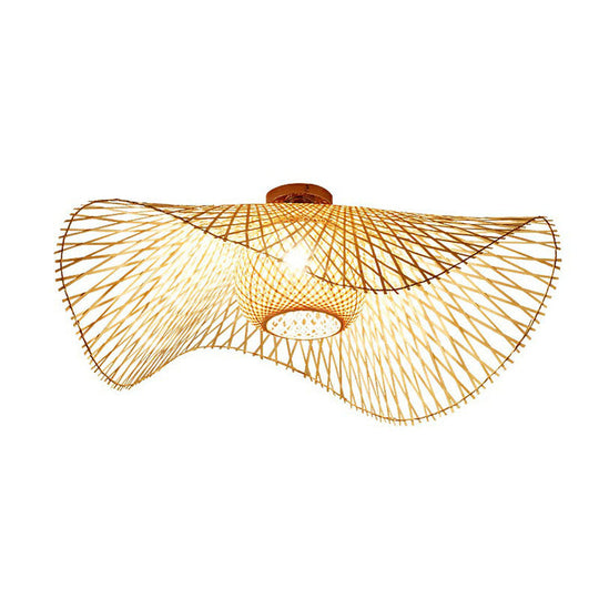 Bamboo Single Wood Flushmount Ceiling Light - South - East Asian Straw Hat Design For Restaurants