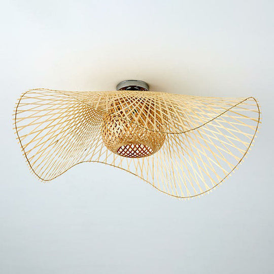 Bamboo Single Wood Flushmount Ceiling Light - South - East Asian Straw Hat Design For Restaurants