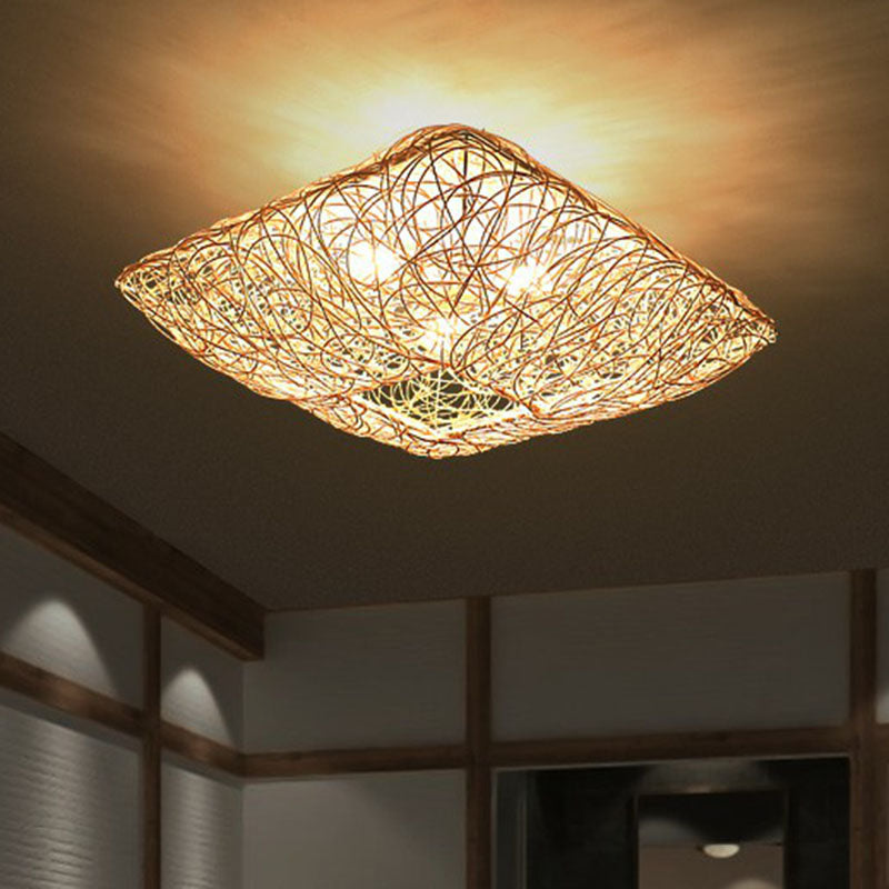 Japanese Rattan Square Flush Ceiling Light With 3 Heads – Wood Bedroom Mount Lighting