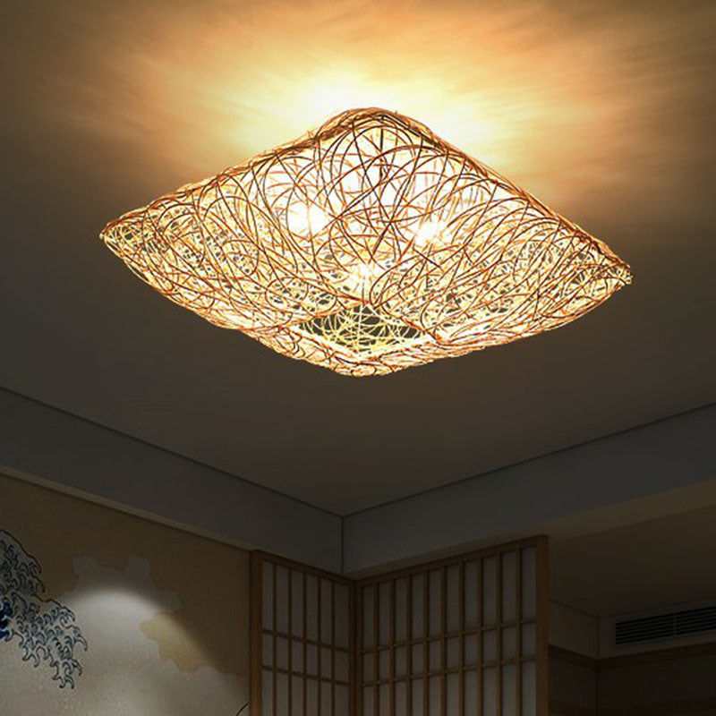 Japanese Rattan Square Flush Ceiling Light With 3 Heads – Wood Bedroom Mount Lighting
