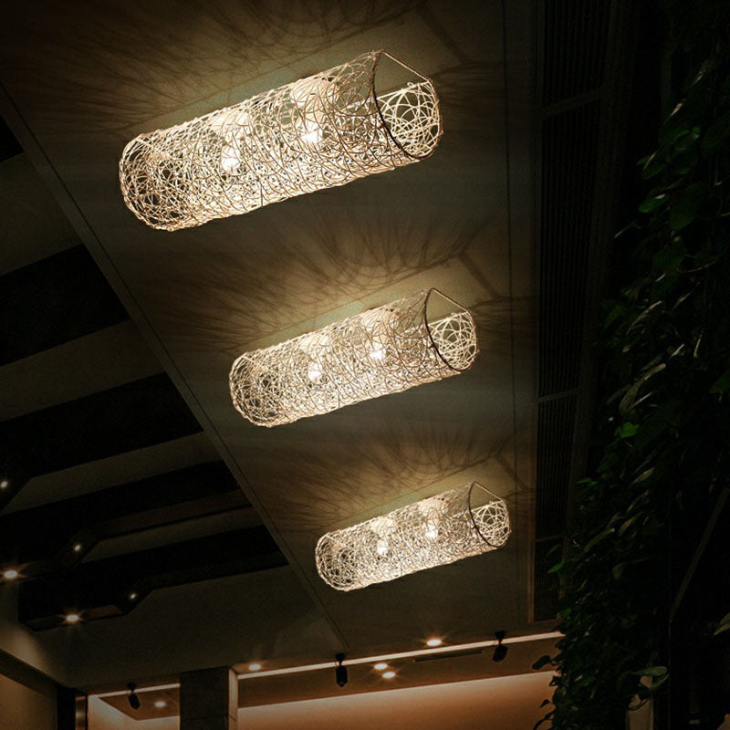 Simplicity Rattan Flush Mount Ceiling Light - Cylindrical Restaurant Lighting