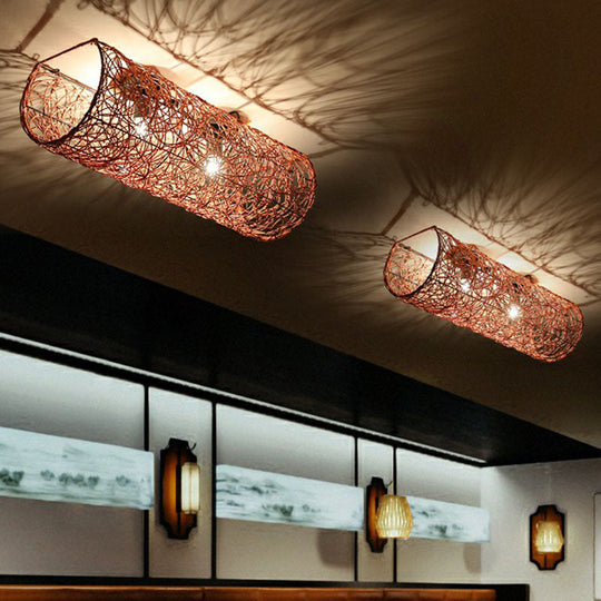 Simplicity Rattan Flush Mount Ceiling Light - Cylindrical Restaurant Lighting