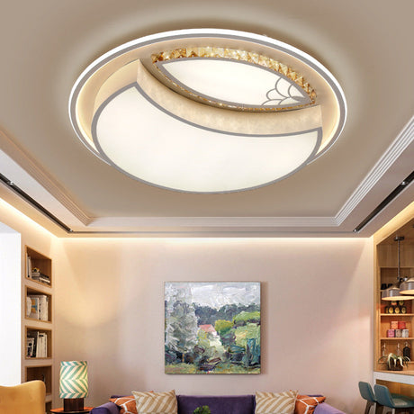 Minimalistic White Led Ceiling Lamp With Crystal Pattern For Bedroom - Dome Acrylic Flushmount