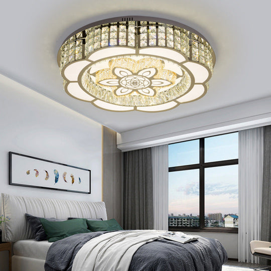 23.5/31.5 Wide Crystal Flush Light Led Ceiling Fixture - Simple Flower Design In Chrome Ideal For