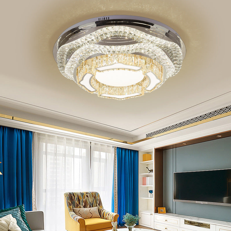 Modern Led Crystal Dome Flush Mount Ceiling Light In Chrome With Star/Gyro Pattern For Living Room