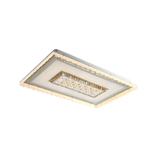 Modern Square/Rectangle Flush Crystal Led Ceiling Light In White For Living Room