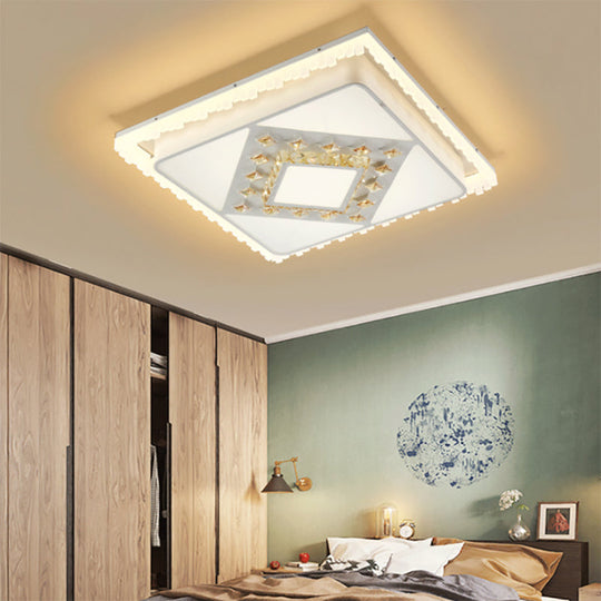 Modern Square/Rectangle Flush Crystal Led Ceiling Light In White For Living Room