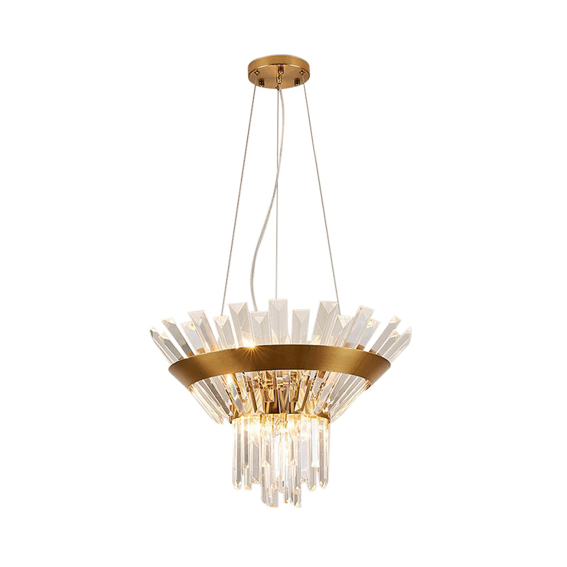 Transitional 9-Light Gold Crystal Tapered Icicle Chandelier - 7’/14’ H Pendant Light