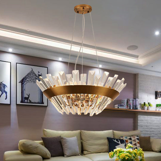 Transitional 9-Light Gold Crystal Tapered Icicle Chandelier - 7’/14’ H Pendant Light / 7’
