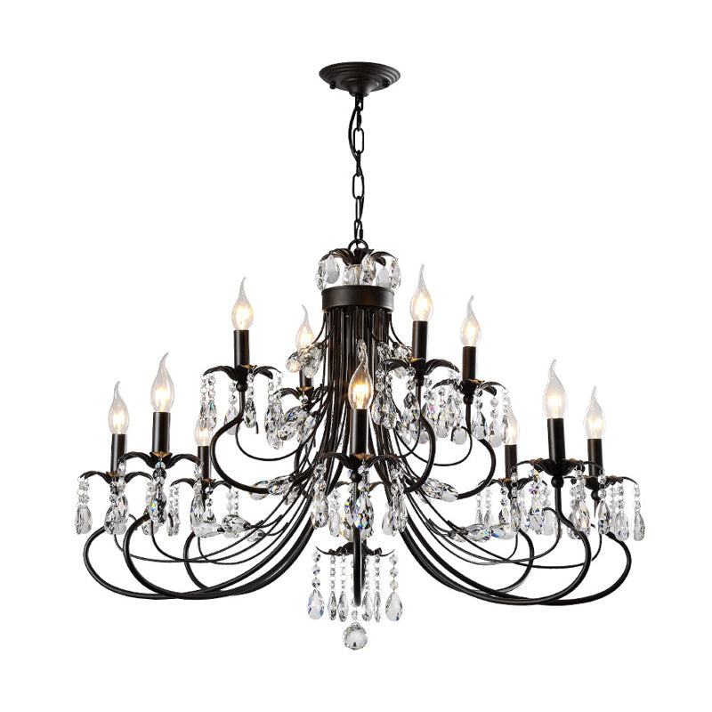 Traditional Iron Tiered Candle Chandelier Pendant With Crystal Drops - 6/8/12 Lights Black Hanging