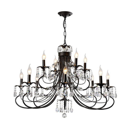 Traditional Iron Tiered Candle Chandelier Pendant With Crystal Drops - 6/8/12 Lights Black Hanging