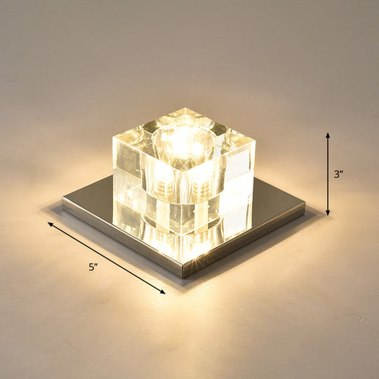 Modern Crystal Block Mini Flush Ceiling Light With Clear Led - Ideal For Corridor / 5’ Warm