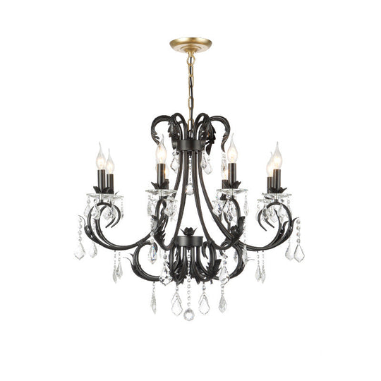 Black Candle Chandelier With Crystal Drops - Traditional Ceiling Pendant Lamp (6/8 Lights)