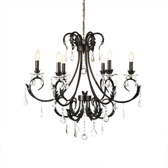 Black Candle Chandelier With Crystal Drops - Traditional Ceiling Pendant Lamp (6/8 Lights)