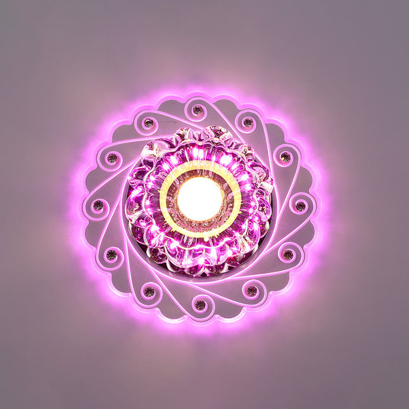 Contemporary Led Flower Flush Crystal Ceiling Light For Elegant Passages Clear / Pink