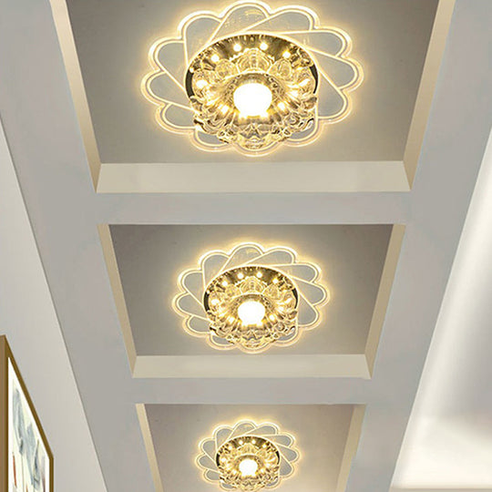 Modern Crystal Led Flush Ceiling Light For Hallway - Clear Floral Mount Fixture