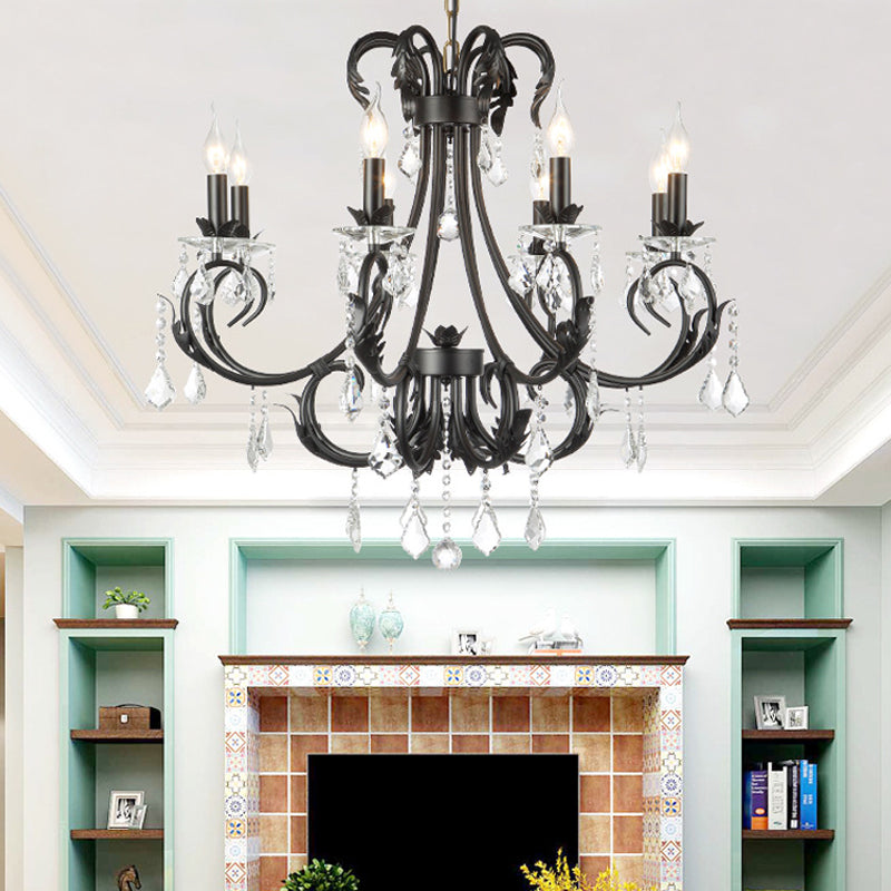 Black Candle Chandelier With Crystal Drops - Traditional Ceiling Pendant Lamp (6/8 Lights)