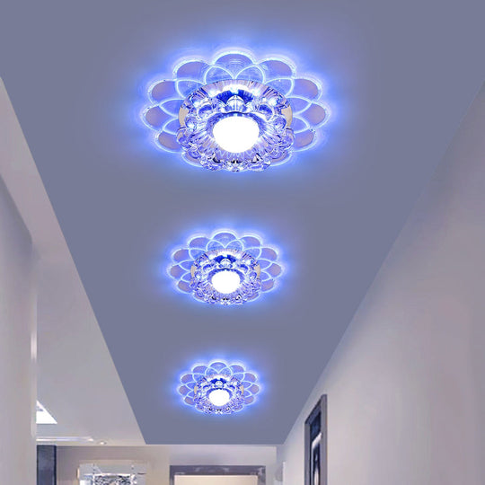 Modern Floral Flush Ceiling Light - Crystal Led Mount For Clear Entryway Lighting