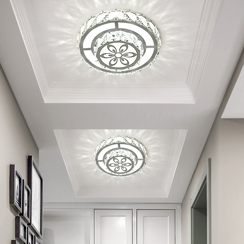 Modern Round Clear Crystal Led Flush Mount Ceiling Light - White Entryway Flushmount /