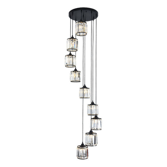 Modern Drum Pendant Crystal Staircase Lighting In Black - Multi Light & Tri-Prism Design