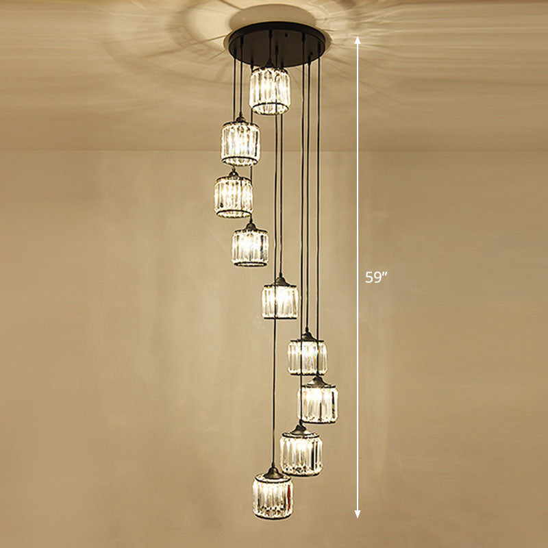 Modern Drum Pendant Crystal Staircase Lighting In Black - Multi Light & Tri-Prism Design
