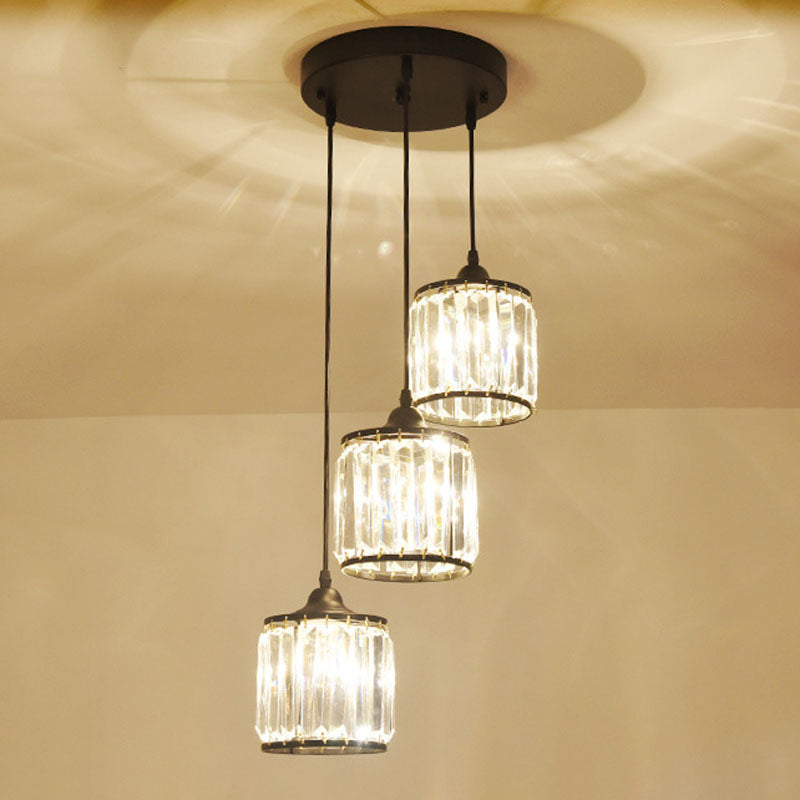 Modern Drum Multi-Light Pendant With Tri-Prism Crystal Staircase Hanging Lighting In Black