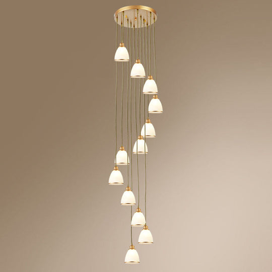 Simplicity Multi-Light Pendant | Cream Glass Spiral Bell Shade Staircase Hanging Light 12 / Gold