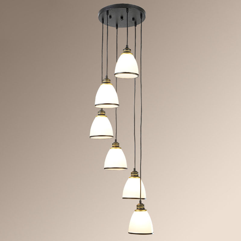 Simplicity Multi-Light Pendant | Cream Glass Spiral Bell Shade Staircase Hanging Light 6 / Black
