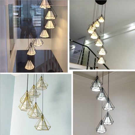 Sleek Black Spiral Diamond Cage Pendant Light With 6 Bulbs - Ideal For Stairwell Or Suspension