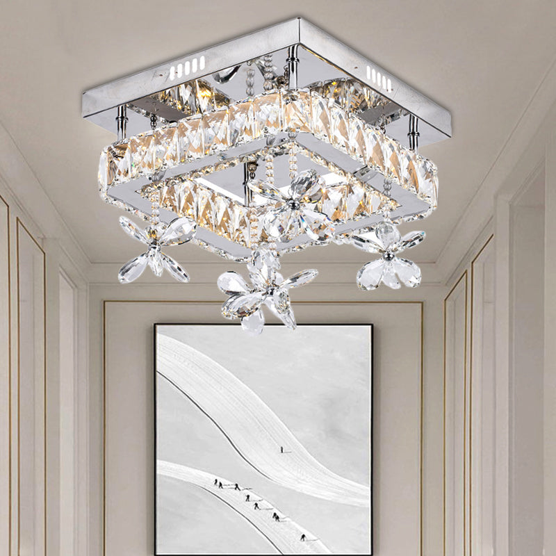 Cubic Crystal Led Bedroom Ceiling Light Fixture - 8’/12’ Width Semi Flush Mount Chrome Finish