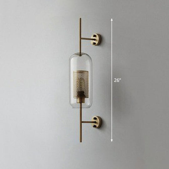 Minimalist Metal Mesh Wall Light Sconce With Clear Glass Shade - 1-Head Mount Lamp Bronze / Cylinder