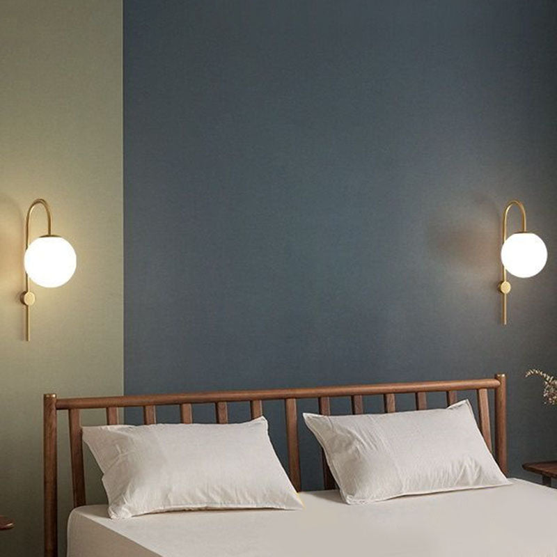 Gold Gooseneck Arm Wall Sconce With Cream Glass Globe - Postmodern 1-Bulb Lamp