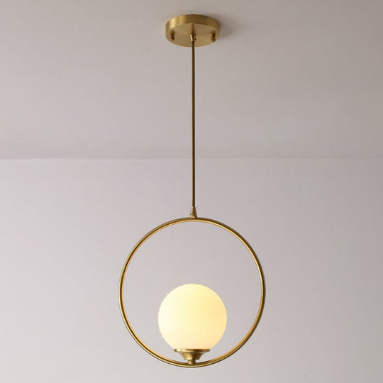 Minimalist Antique Gold Ball Ceiling Lamp With Cream Glass Shade And Ring Decoration / 12’