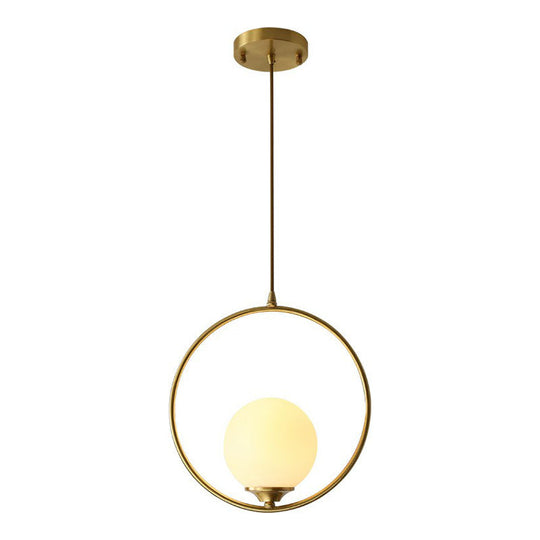 Minimalist Antique Gold Ceiling Lamp With Cream Glass Shade And Ring Decoration