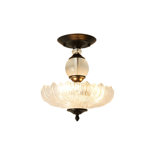 Modern Ribbed Glass Semi Flush Mount Light In Black/Gold - 12’/16’ Diameter 1 Crystal Ceiling Lamp