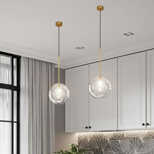 Minimalist Hand-Blown Glass Globe Pendant Light In Gold Finish - Ceiling Hanging Lamp